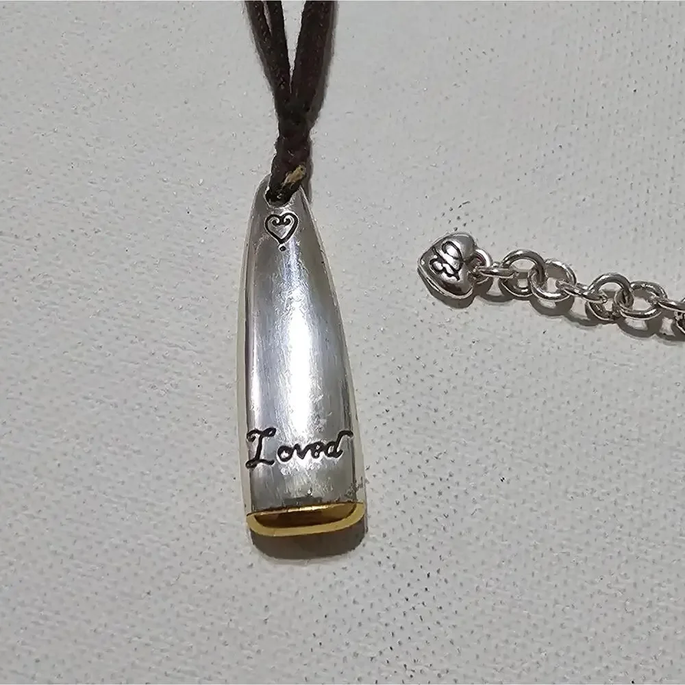 Brighton Loved Heart Silver Gold Tone Bullet Pendant Brown Cord‎ Necklace